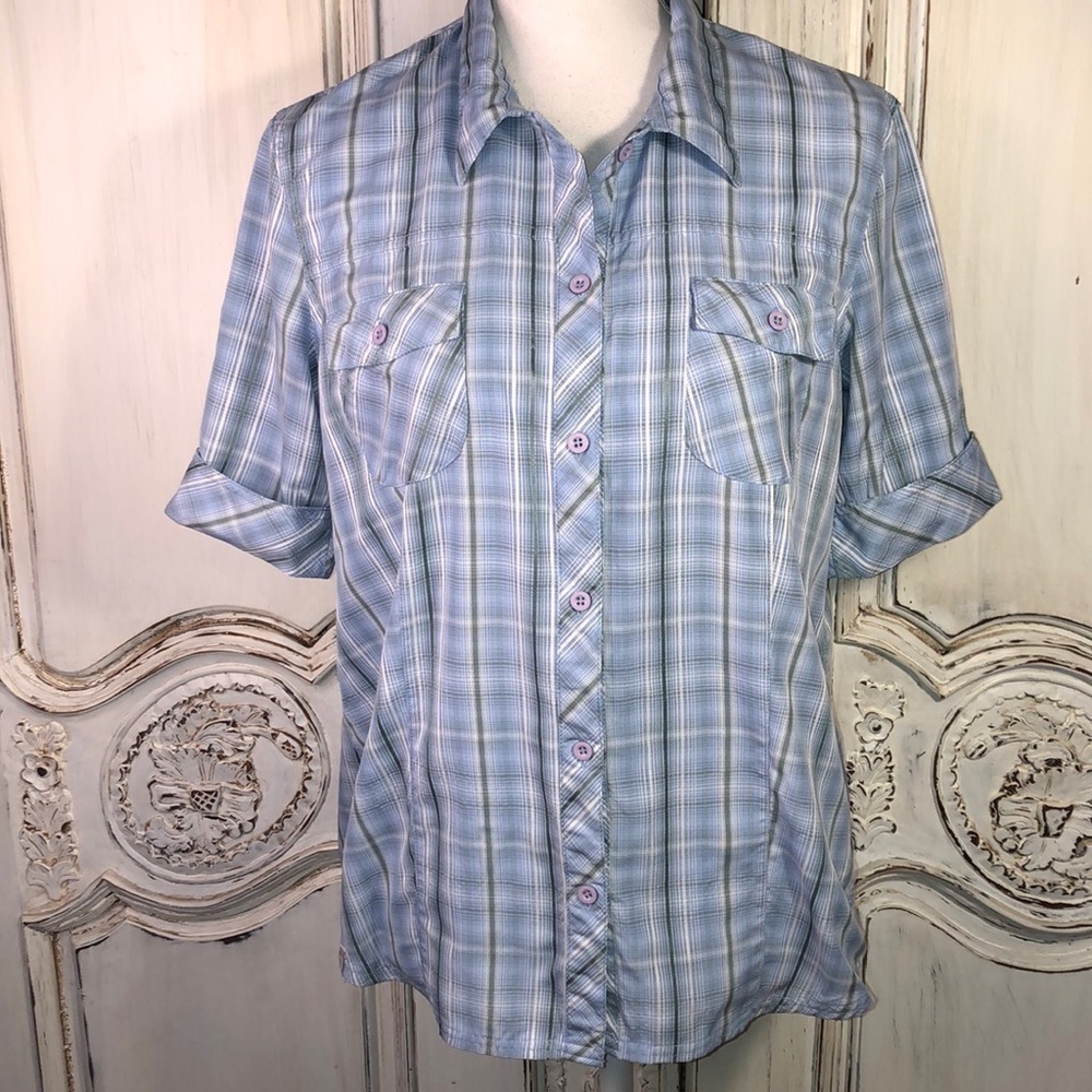 Alpine Design Blue Plaid Cuffed Sleeve Button Down Size Large